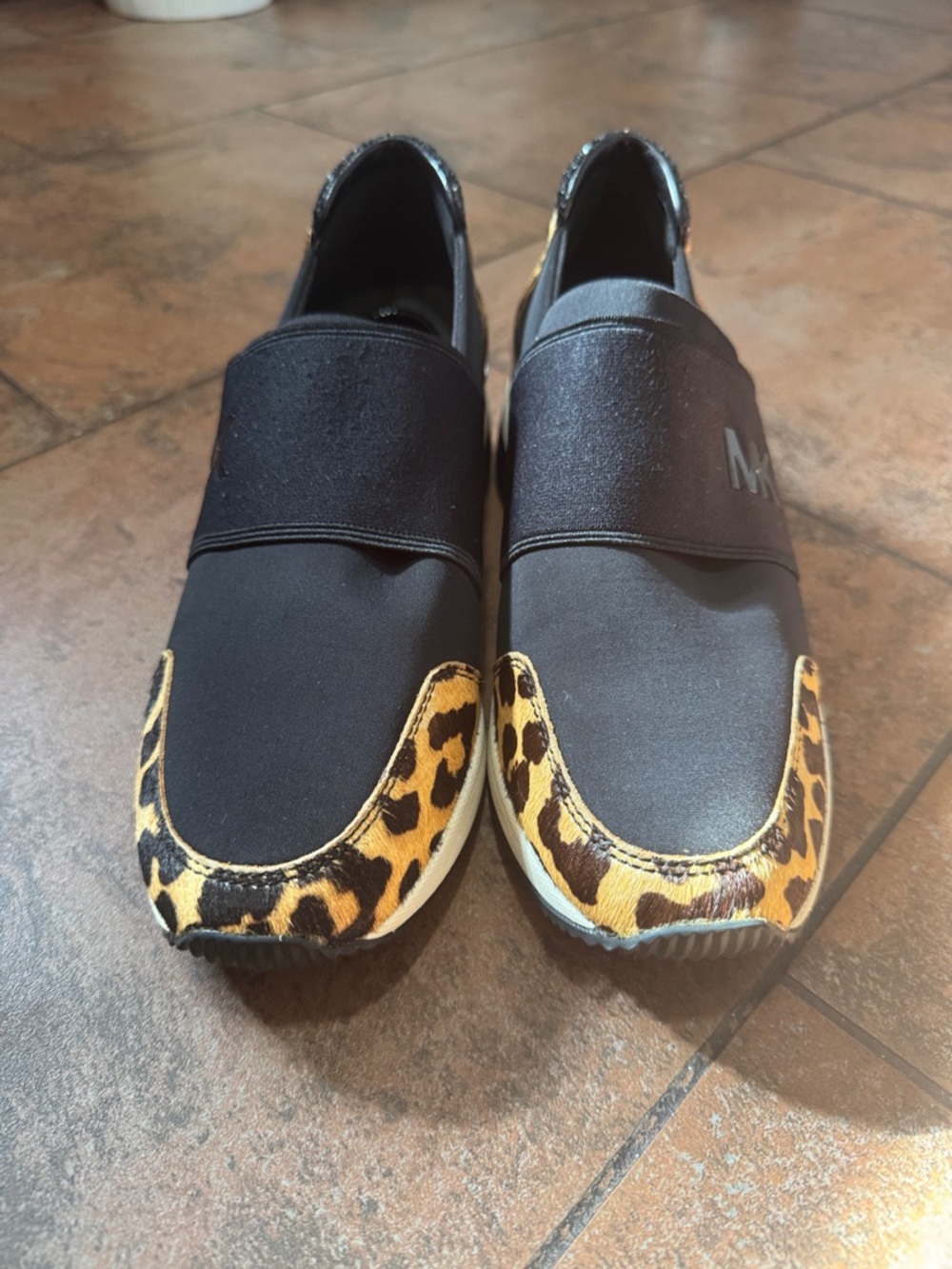 Michael Kors Women’s Black Slip-On Sneakers with Leopard Print Accents Size 7